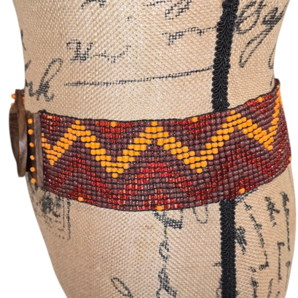 Handcrafted Beaded Belt with Wooden Buckle Tribal‎ Chevron Small Medium New
